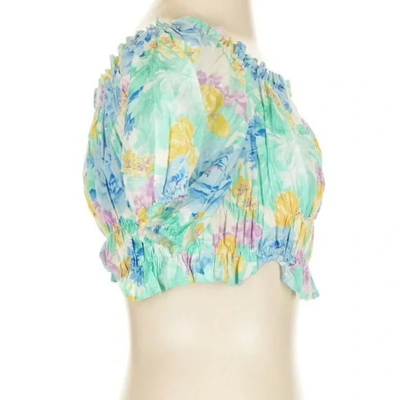 Zara Watercolor Floral Smocked Crop Top Puff Sleeve Off Shoulder Size S - Picture 3 of 5